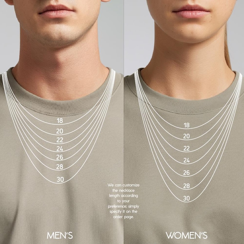May include: Necklace length guide with white lines indicating various lengths from 18 to 30 inches. The image is split, with "MEN'S" on the left and "WOMEN'S" on the right. Text states, "We can customize the necklace length according to your preference; simply specify it on the order page."