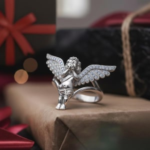 Cherub Angel Ring 925 Sterling Silver Rose Gold Finish Diamond Wing Religious Jewelry Spiritual Gift for Her Polished Silver