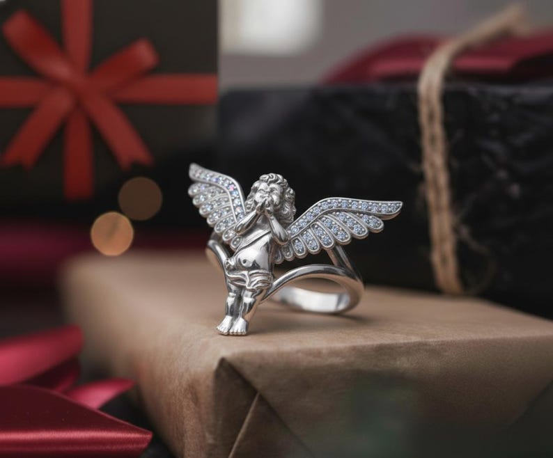 Cherub Angel Ring 925 Sterling Silver Rose Gold Finish Diamond Wing Religious Jewelry Spiritual Gift for Her Polished Silver