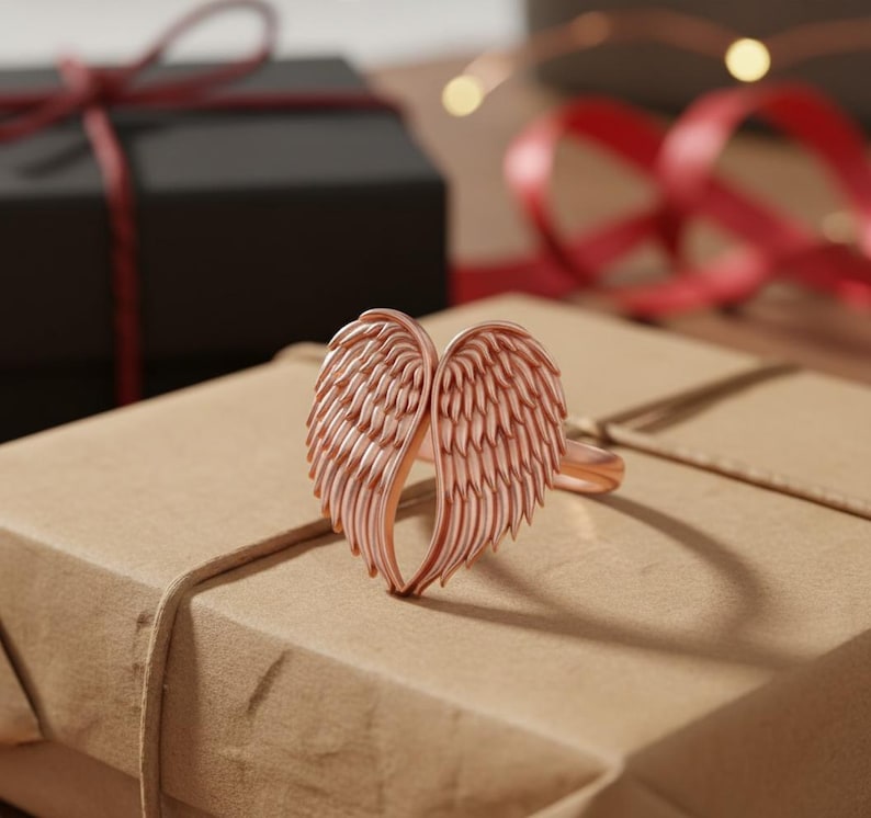 Angel Wings Ring 925 Sterling Silver Rose Gold Plated Guardian Angel Memorial Jewelry Spiritual Gift for Her Rose Plated Silver