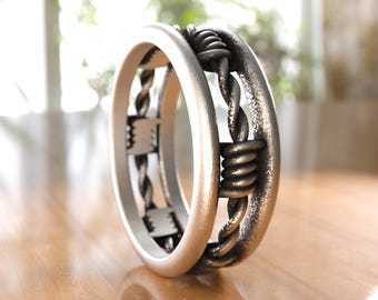 Barbed Wire Sterling Silver Ring, Handcrafted Unisex Gothic Punk Band, Unique Gift for Rebel Souls, Edgy Statement Jewelry
