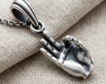 OK Hand Gesture Pendant in 925 Sterling Silver, Oxidized Gyan Mudra Necklace, Handcrafted Unisex