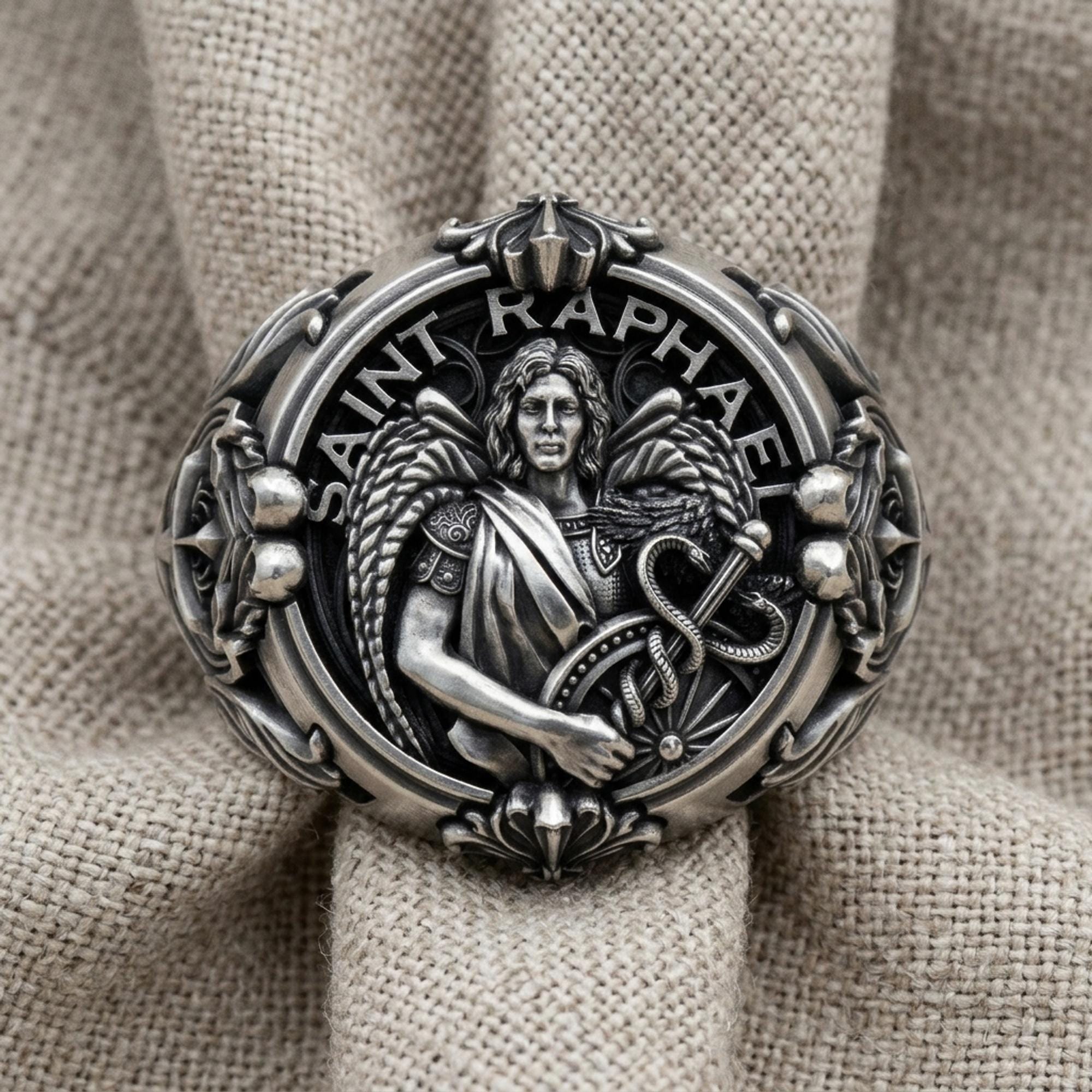 アクセスタイル 聖銀辞典Ⅴ ブルガリ ティファニー Roen roar シルバー Saint Raphael Archangel Ring, Caduceus Shield Spear Christian