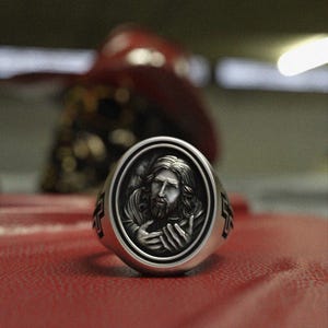 Religious Ring Men Sterling Silver - 925 Silver Christian Ring with Cross Design - Faith Portrait Signet Ring for Men