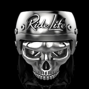 Skull wearing Motorcycle Helmet Handmade Sterling Silver Biker Ring, Skull Cross Gothic Ring, Skull & Cross Silver Jewelry, Ring for Men