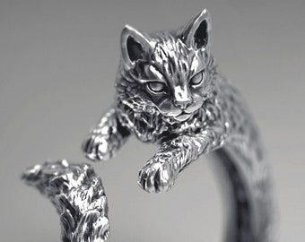 Silver Cat Ring, Oxidized Adjustable Ring, Womans Jewelry , Cat Lover Gift, Animal Lover Ring, Gift For Her