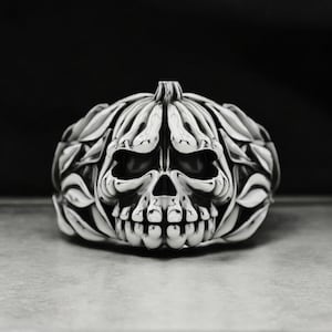 Halloween Pumpkin Skull Ring, 925 Sterling Silver, Gothic Jewelry, Jack o Lantern, Spooky Holiday Accessory, Handmade Silver Ring
