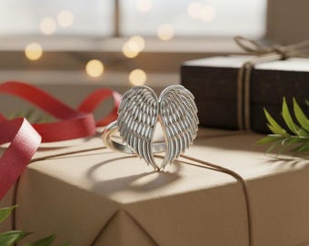 Angel Wings Ring 925 Sterling Silver Polished Finish Guardian Angel Statement Jewelry Gift for Her Spiritual Memorial Ring