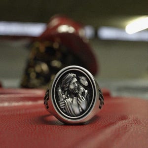 Religious Ring Men Sterling Silver - 925 Silver Christian Ring with Cross Design - Faith Signet Ring for Men