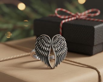 Angel Wings Ring 925 Sterling Silver Oxidized Finish Statement Memorial Jewelry Guardian Angel Spiritual Gift for Her