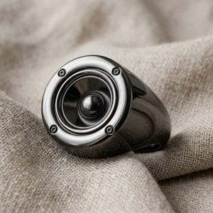 A close-up image of a black speaker with a reflective surface, resting on a beige fabric background.