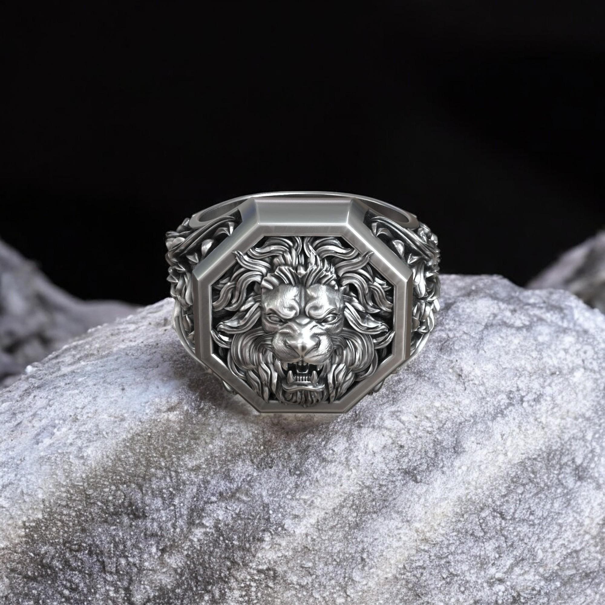 Lion Head Octagon Signet Ring With Baroque Floral Pattern 925