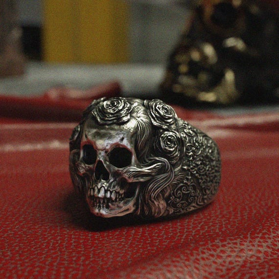 Handcrafted Skull Rose Ring, 925 Sterling Silver Gothic Jewelry