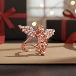 Cherub Angel Ring 925 Sterling Silver Rose Gold Finish Diamond Wing Religious Jewelry Spiritual Gift for Her Rose Plated Silver