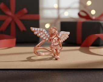 Cherub Angel Ring 925 Sterling Silver Rose Gold Finish Diamond Wing Religious Jewelry Spiritual Gift for Her