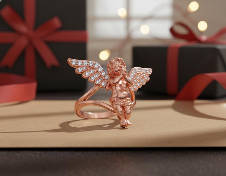 Cherub Angel Ring 925 Sterling Silver Rose Gold Finish Diamond Wing Religious Jewelry Spiritual Gift for Her Rose Plated Silver