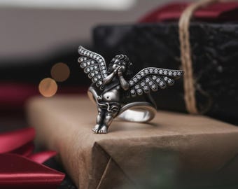 Praying Angel Ring 925 Sterling Silver Oxidized Finish Cherub Statement Jewelry Guardian Angel Gift for Her