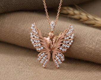 Ciondolo a farfalla in argento 925 placcato oro rosa, pietre bianche, gioielli naturali fatti a mano, collana romantica a forma di farfalla, regalo per lei, oro rosa