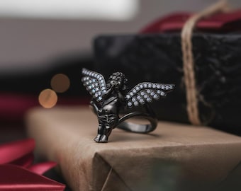 Cherub Angel Ring 925 Sterling Silver Black Rhodium Finish Gothic Spiritual Jewelry Guardian Angel Gift for Her
