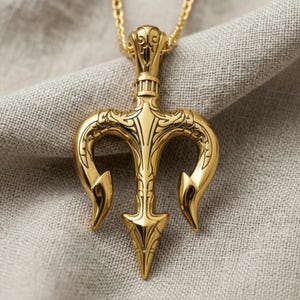 May include: A gold-toned pendant shaped like a three-pronged trident with intricate engraved scrollwork details. The pendant is suspended from a matching gold-toned chain, featuring a central spear point flanked by two curved, pointed side prongs.