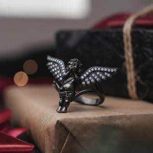 Cherub Angel Ring 925 Sterling Silver Rose Gold Finish Diamond Wing Religious Jewelry Spiritual Gift for Her image 3