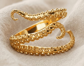 Octopus Tentacle Wrap Ring 14K Gold Vermeil 925 Sterling Silver, Handcrafted Kraken Nautical Jewelry