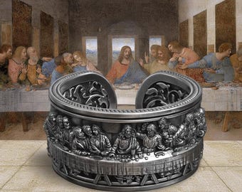 Leonardo The Last Supper Jesus Ring 925 Sterling Silver Adjustable Unique Design Handmade Religious Jewelry Gift for Him or Her