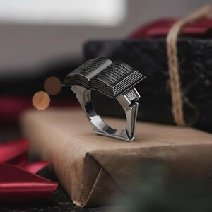 Open Book Ring 925 Sterling Silver Polished Finish Reader Jewelry Librarian Gift Graduation Statement Band Writer Accessory Unisex Oxidized Matte