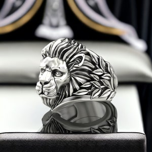 Ring Lion Head and Branches 925 Sterling Silver, Majestic Animal Jewelry for Men and Women, Handmade Detailed Lion Design