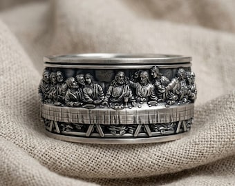 Leonardo The Last Supper Jesus Ring 925 Sterling Silver Adjustable Unique Design Handmade Religious Jewelry Gift for Him or Her