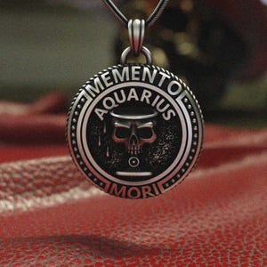 Aquarius Zodiac Pendant Necklace | 925 Sterling Silver Memento Mori Skull Amulet | Hourglass Death Philosophy | Astrology Birthday Gift