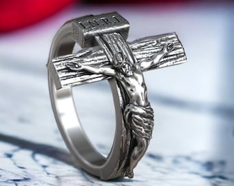 Jesus Christ Crucifix Cross Christian Ring 925 Sterling Silver Adjustable Unique Design Handmade Religious Jewelry Faith Gift for Him or Her