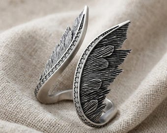 Angel Wings Diamond Oxidized Ring 925 Sterling Silver Adjustable Unique Design Handmade Vintage Style Jewelry Gift for Her