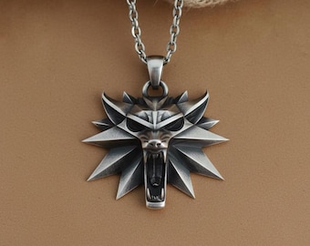 Collar con colgante de la Escuela del Lobo en plata de ley 925, medallón de lobo de brujo hecho a mano, joyería de juegos de fantasía, regalo para él, colgante de plata para hombre