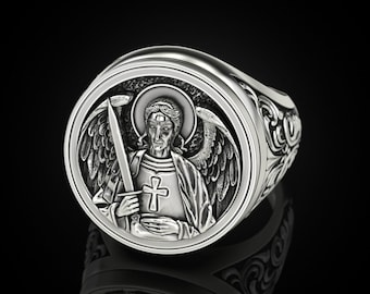 Anillo de San Miguel Arcángel hecho a mano en plata de ley para hombre, anillo cristiano de San Miguel, joyería de plata de San Miguel Arcángel.