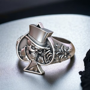 Ring Skull Playing Card Spades Hat 925 Sterling Silver Adjustable Unique Design Handmade Gothic Jewelry Gift for Him or Her
