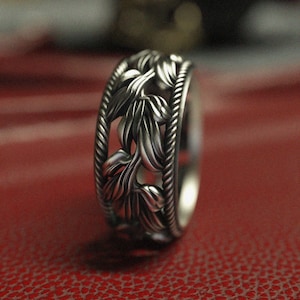 Handcrafted Silver Leaf Ring | 925 Sterling Silver Band | Twisted Rope Vine Design | Unique Nature-Inspired Wedding Band | Gift for Him Her