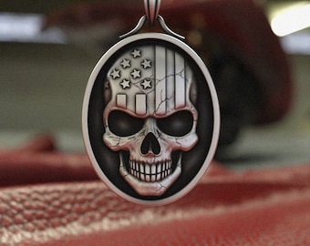 925 Sterling Silver American Flag Skull Pendant | Patriotic Silver Skull Necklace | Men's Biker Jewelry | Military Veteran Gift