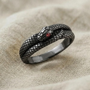 Könnte beinhalten: Ein silberfarbener Ring in Form einer sich um sich selbst windenden Schlange. Der Schlangenkopf befindet sich oben, mit einem kleinen roten Edelstein als Auge. Der Ring hat ein strukturiertes, schuppenartiges Muster.