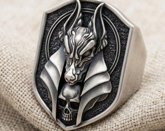 Anubis Ring 925 Sterling Silver Ancient Egyptian Jewelry Handmade Men Women Gothic God of Death Adjustable Statement Piece Unique Gift