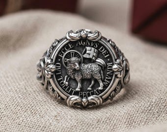 Lamb of God Agnus Dei Christian Jesus Christ Ring 925 Sterling Silver Adjustable Unique Design Handmade Religious Jewelry Gift