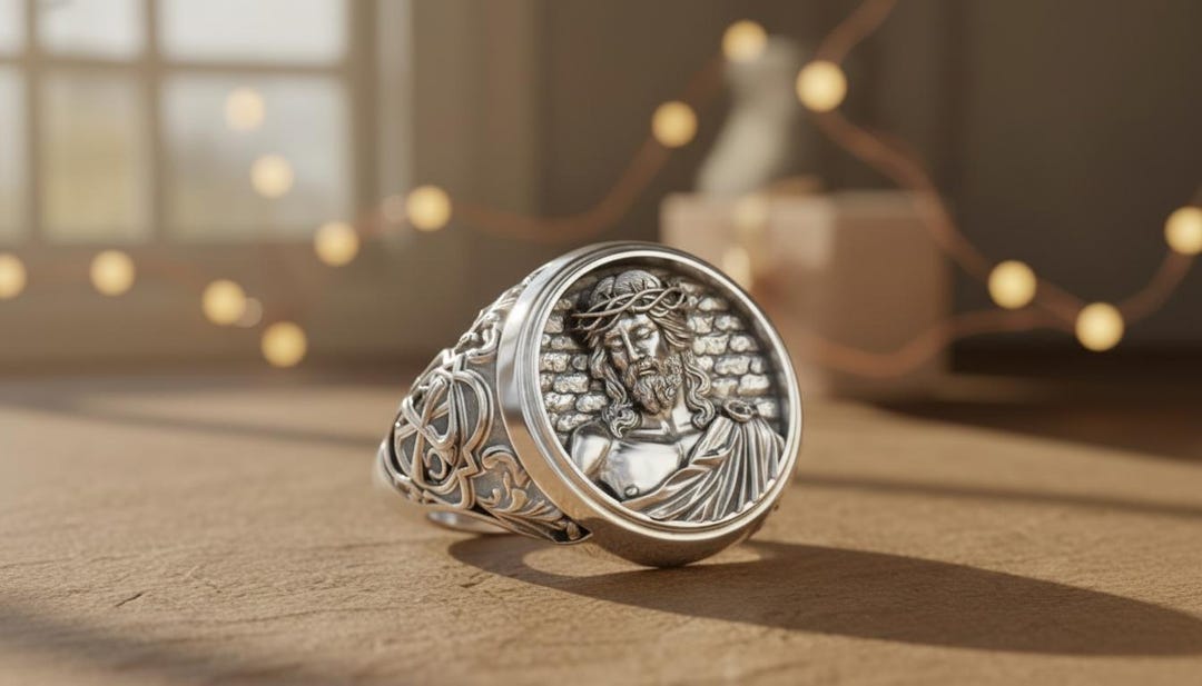 Religious Signet Ring Polished Silver, Christian Faith Jewelry for Men ...