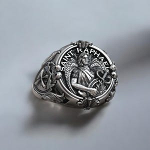 Saint Raphael Archangel Ring, Caduceus Shield Spear Christian Jewelry ...