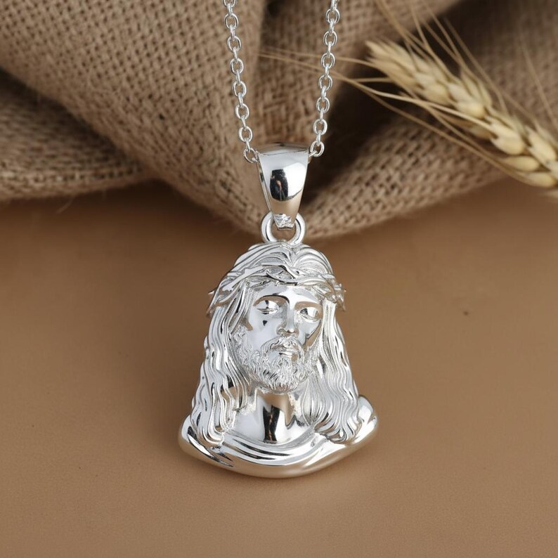 Jesus Face Pendant 925 Sterling Silver Crown of Thorns Necklace Black ...