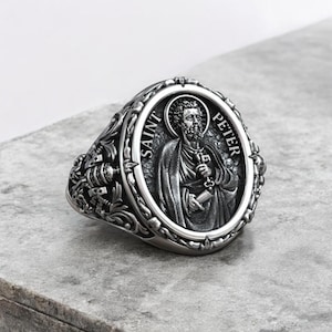 Saint Peter Apostle Keys to Heaven Shield Christian Signet Ring, 925 Sterling Silver Religious Jewelry, Catholic Faith Symbol