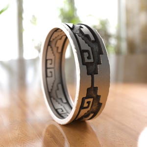 Aztec Pattern Wedding Band, Geometric Silver Ring for Men, Mayan-Inspired Jewelry, Unique Gift for Him, Traditional Anniversary Band