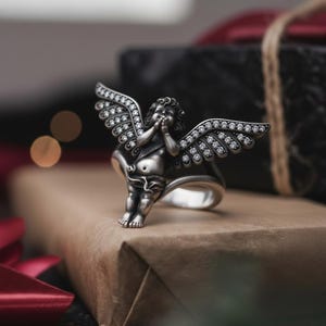 Cherub Angel Ring 925 Sterling Silver Rose Gold Finish Diamond Wing Religious Jewelry Spiritual Gift for Her Oxidized Matte