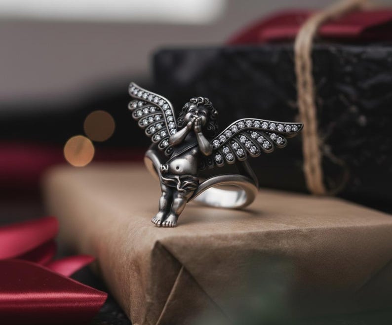 Cherub Angel Ring 925 Sterling Silver Rose Gold Finish Diamond Wing Religious Jewelry Spiritual Gift for Her Oxidized Matte
