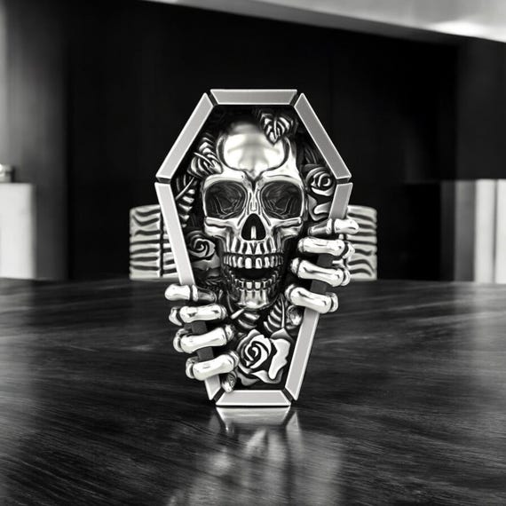 Skull Coffin Ring 925 Sterling Silver Gothic Jewelry Handmade Men Women  Unique Statement Piece Adjustable Band Skeleton Design Gift