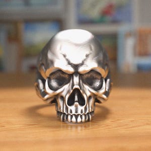 Injured Skull Ring, Handmade 925 Sterling Silver Biker Jewelry, Gothic Style Men&#39;s Statement Ring